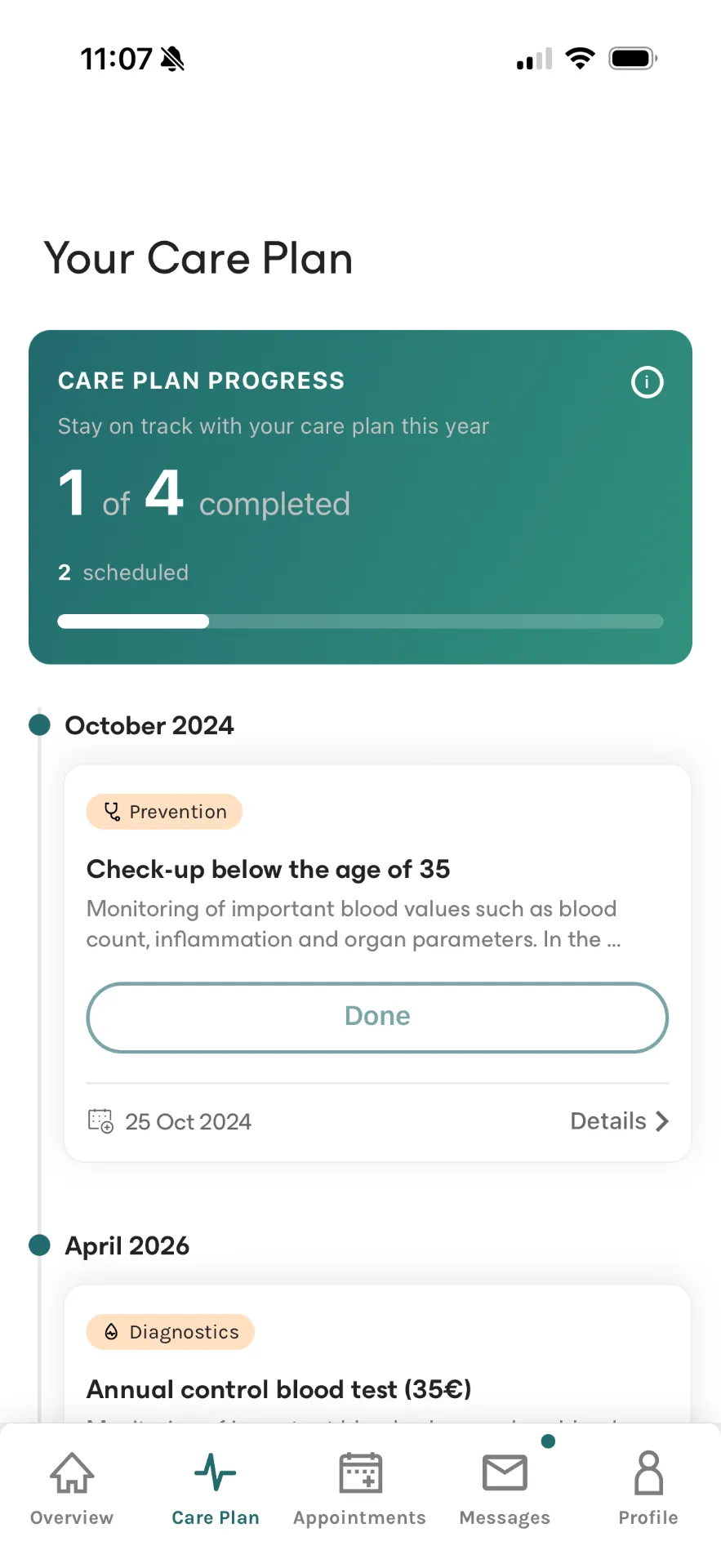 Care Plan Ansicht in der avi App
